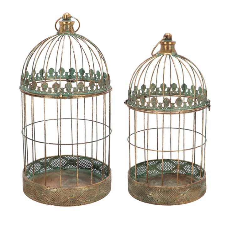 Aged metal vogelkooi set van 2
